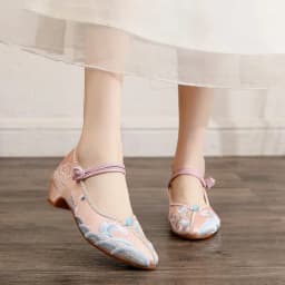 Embroidered Pointed Toe Women Mary Jane Pumps Ethnic Vintage Dress Shoe for Ladies Mid Heel Ankle Strap Dance Shoe
