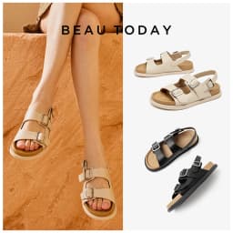 BEAUTODAY Sandals Women Leather Double Buckle Strap 2023 Fashion Solid Color Flats Leisure Beach Ladies Shoes Handmade A34548