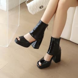 Plus Size Glossy Lacquer Leather Cutout Peep Toe Breathable Cool Boots Ultra High Heel Back Zipper Roman Style Short Boots