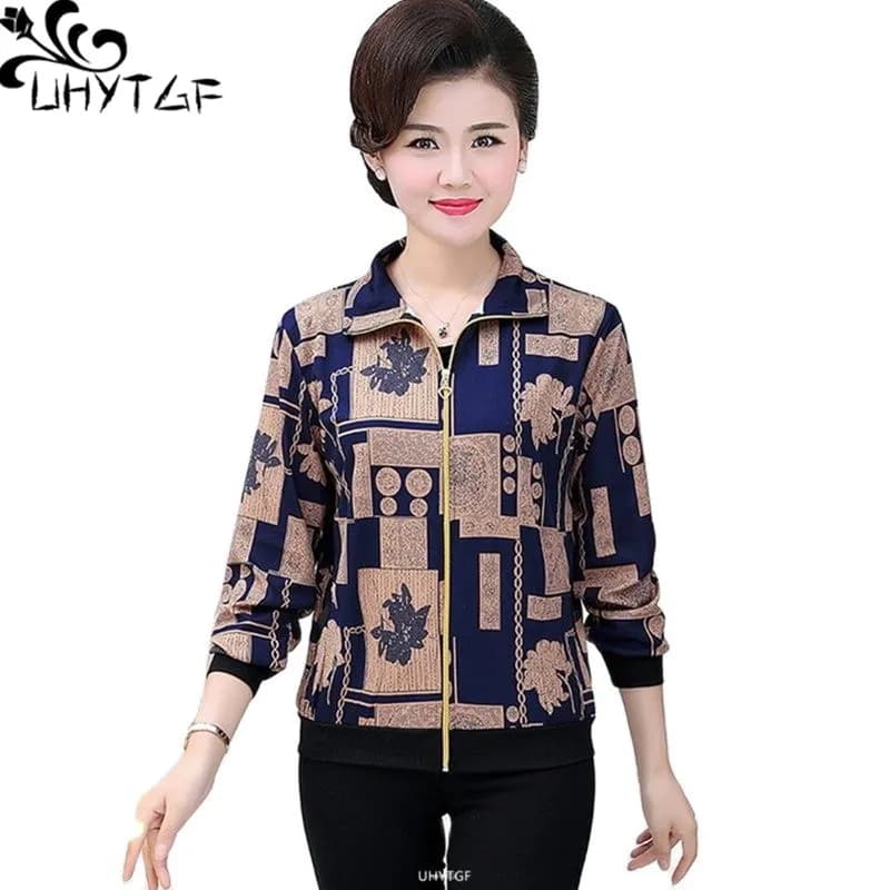 UHYTGF Women Coat Fashion Printing Casual Mother Spring Autumn Jacket Long-Sleeved Short Tops Female Thin Big Size Outwear 2174