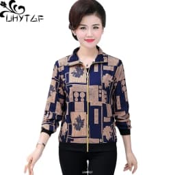 UHYTGF Women Coat Fashion Printing Casual Mother Spring Autumn Jacket Long-Sleeved Short Tops Female Thin Big Size Outwear 2174