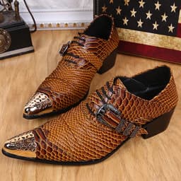 Men's Genuine Cowhide Low‑top High Heel Shoes Metal Tip Buckle Decor Luxury Heighten Dress Footwear For Singer Stage Performance