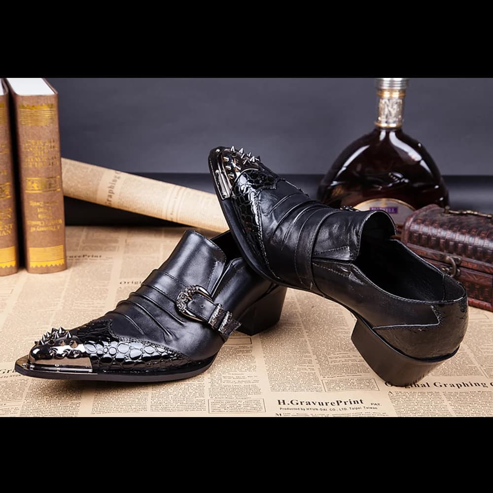 Men's Genuine Cowhide Low‑top High Heel Shoes Metal Tip Buckle Decor Luxury Heighten Dress Footwear For Singer Stage Performance
