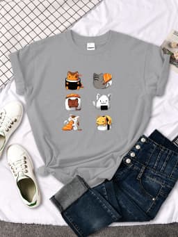 T-Shirt Cartoon Lovely Sushi Cat Printing Womens T Shirt Casual Tshirts For Women Hip Hop Gothic Women Short Sleeve Tops