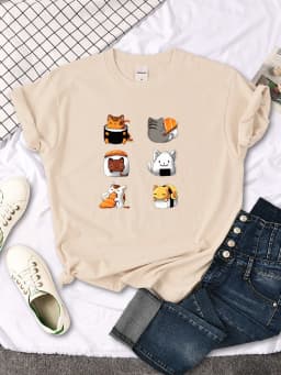 T-Shirt Cartoon Lovely Sushi Cat Printing Womens T Shirt Casual Tshirts For Women Hip Hop Gothic Women Short Sleeve Tops