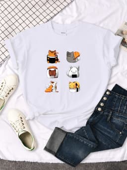 T-Shirt Cartoon Lovely Sushi Cat Printing Womens T Shirt Casual Tshirts For Women Hip Hop Gothic Women Short Sleeve Tops