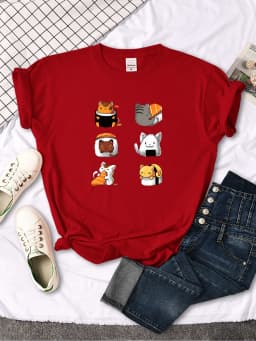 T-Shirt Cartoon Lovely Sushi Cat Printing Womens T Shirt Casual Tshirts For Women Hip Hop Gothic Women Short Sleeve Tops