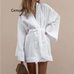 Lace Up Women's V-Neck Kimono Cardigan Mini Dress Cotton Linen Long Sleeve Sashes Dresse Robe Style Summer Loose Vestidos