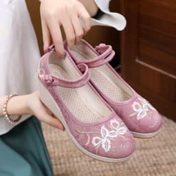 Round Toe Embroidered Women Pumps Женские туфли Summer Wedge Shoes for Ladies Retro Heels Ankle Strap Mary Jane Sandals