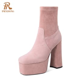 2021 High Heels Women's Boots Female Thick Platform Shoes Flock Ankle Boots Concise Solid Women Shoes Pink Black Autumn Winter