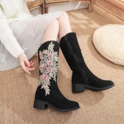 Women Stacked Heel Mid Calf Boots Zip up High Riding Boot Faux Suede Retro Appliques Long Booties for Female Plush Winter Shoe