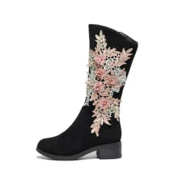 Women Stacked Heel Mid Calf Boots Zip up High Riding Boot Faux Suede Retro Appliques Long Booties for Female Plush Winter Shoe