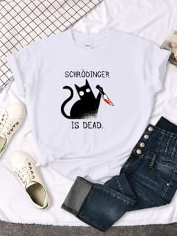 Females T-Shirts Schrodinger Is Dead Cartoon Black Cat Print T Shirt Women Oversized Soft Snug Loose Tees Comfortable Funny Tops