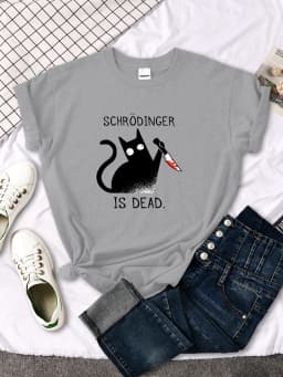 Females T-Shirts Schrodinger Is Dead Cartoon Black Cat Print T Shirt Women Oversized Soft Snug Loose Tees Comfortable Funny Tops