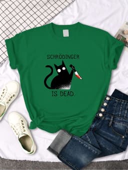 Females T-Shirts Schrodinger Is Dead Cartoon Black Cat Print T Shirt Women Oversized Soft Snug Loose Tees Comfortable Funny Tops