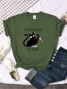 Females T-Shirts Schrodinger Is Dead Cartoon Black Cat Print T Shirt Women Oversized Soft Snug Loose Tees Comfortable Funny Tops