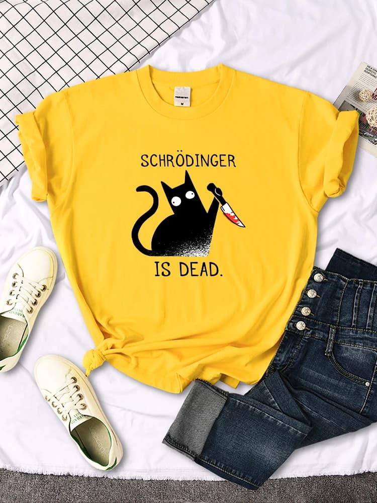 Females T-Shirts Schrodinger Is Dead Cartoon Black Cat Print T Shirt Women Oversized Soft Snug Loose Tees Comfortable Funny Tops