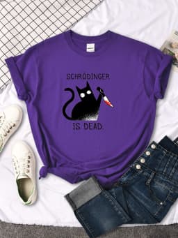 Females T-Shirts Schrodinger Is Dead Cartoon Black Cat Print T Shirt Women Oversized Soft Snug Loose Tees Comfortable Funny Tops