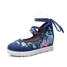 Spring Women Cross-Tied Embroidered Casual Shoes Girls Vintage Canvas Sneakers Ethnic Lace-Up Female Wedges Dancing Shoes