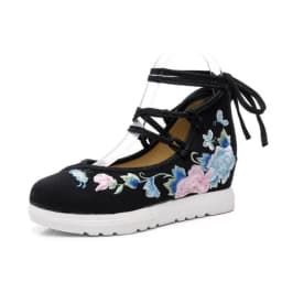 Spring Women Cross-Tied Embroidered Casual Shoes Girls Vintage Canvas Sneakers Ethnic Lace-Up Female Wedges Dancing Shoes