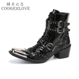 Men's Cowhide Serpentine Print Metal Decor Pointed Toe Belt High‑Heel Short Boots Western Cowboy Boots For Stage Show Party