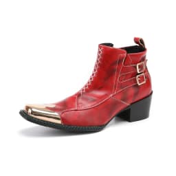 Men's Cowhide Serpentine Print Metal Decor Pointed Toe Belt High‑Heel Short Boots Western Cowboy Boots For Stage Show Party
