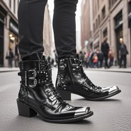 Men's Cowhide Serpentine Print Metal Decor Pointed Toe Belt High‑Heel Short Boots Western Cowboy Boots For Stage Show Party