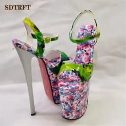 SDTRFT Ethnic printed 22cm Thin Heels platform Sandals Ankle Strap Shoes Woman Pumps SUMMER Peep Toe Stilettos zapatos mujer