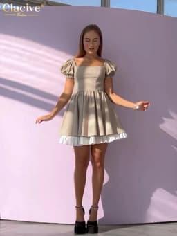 Clacive Sexy Squar Collar Elegant Dresses For Women Summer Green Short Sleeve Office Mini Dress Fashion Spliced Female Dress