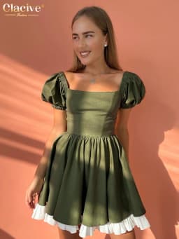 Clacive Sexy Squar Collar Elegant Dresses For Women Summer Green Short Sleeve Office Mini Dress Fashion Spliced Female Dress