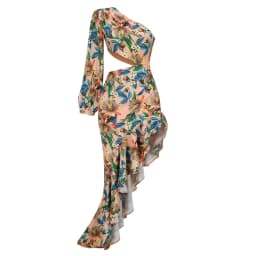 New Summer Women's Fashion Slanted Shoulder Floral Elegant Dress Slim Asymmetric Ruffle Party Long Sleeves Dress