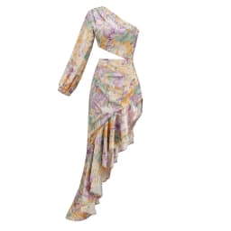 New Summer Women's Fashion Slanted Shoulder Floral Elegant Dress Slim Asymmetric Ruffle Party Long Sleeves Dress