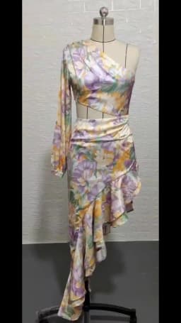 New Summer Women's Fashion Slanted Shoulder Floral Elegant Dress Slim Asymmetric Ruffle Party Long Sleeves Dress
