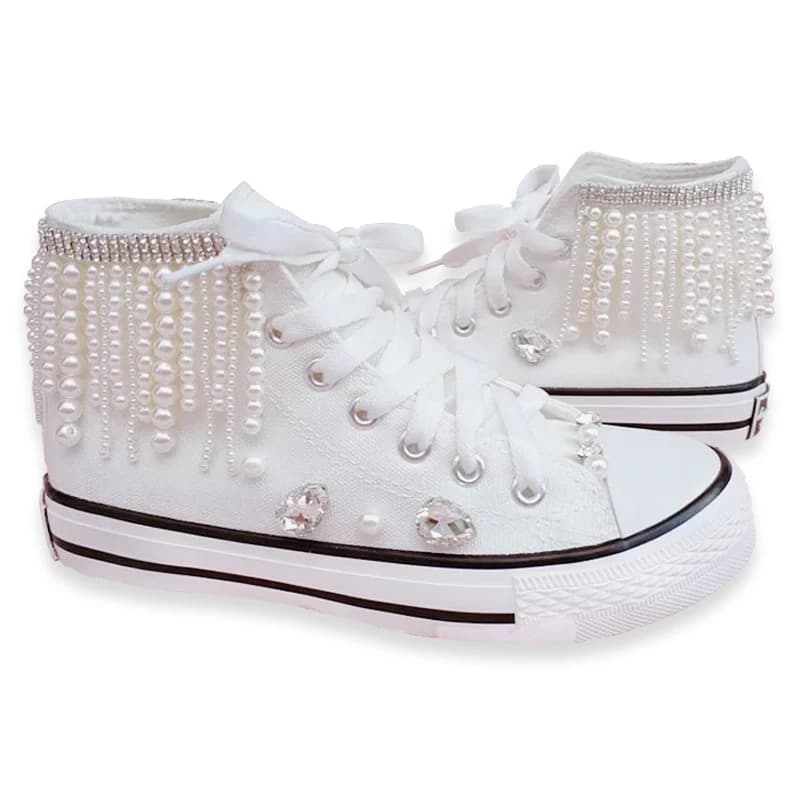 Women New Heavy Duty Beads High Canvas Fashion Pearl Diamond Casual shoes Size 35-44 Party Wedding Lady Shoes