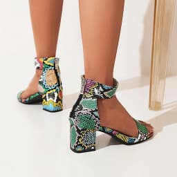 Oversized Floral Snake Print Sexy Peep Toe Sandals Plaid Chunky Heel Back Zipper Summer Party Cheap Women's Sandals