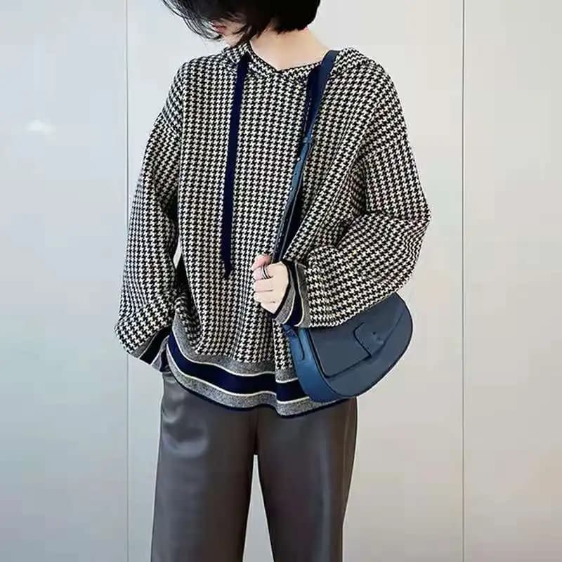 Western style thousands of birds hooded wool sweater hoodie women autumn and winter new loose pullover sweater bottom shirt