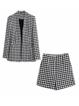 xikom 2021 Tweed Two pieces set Women Vintage V Neck Long Sleeve Office Lady slim Blazer Coat Female Hight Waist Shorts suit