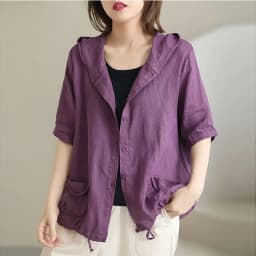 Linen Women's Jacket Spring Summer Jacket with Hat Cotton and Linen Short Coat Plus Size Loose Retro Korean Thin Hooded Cardigan