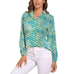 Colorful Mermaid Blouse Aqua Blue Scales Office Print Blouses Women Long-Sleeve Casual Shirts Summer Oversized Clothing 2XL 3XL