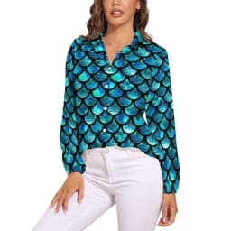 Colorful Mermaid Blouse Aqua Blue Scales Office Print Blouses Women Long-Sleeve Casual Shirts Summer Oversized Clothing 2XL 3XL