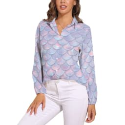 Colorful Mermaid Blouse Aqua Blue Scales Office Print Blouses Women Long-Sleeve Casual Shirts Summer Oversized Clothing 2XL 3XL
