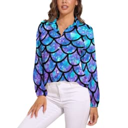 Colorful Mermaid Blouse Aqua Blue Scales Office Print Blouses Women Long-Sleeve Casual Shirts Summer Oversized Clothing 2XL 3XL