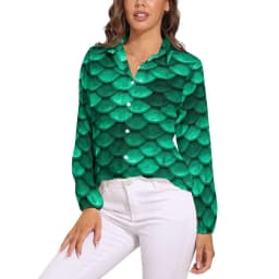 Colorful Mermaid Blouse Aqua Blue Scales Office Print Blouses Women Long-Sleeve Casual Shirts Summer Oversized Clothing 2XL 3XL
