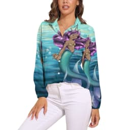 Colorful Mermaid Blouse Aqua Blue Scales Office Print Blouses Women Long-Sleeve Casual Shirts Summer Oversized Clothing 2XL 3XL