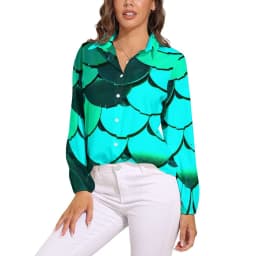 Colorful Mermaid Blouse Aqua Blue Scales Office Print Blouses Women Long-Sleeve Casual Shirts Summer Oversized Clothing 2XL 3XL