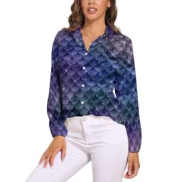 Colorful Mermaid Blouse Aqua Blue Scales Office Print Blouses Women Long-Sleeve Casual Shirts Summer Oversized Clothing 2XL 3XL