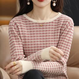 Women's Autumn Winter 100% Cotton Soft Sweater O-Neck Pullover Color Contrast Striped Casual Knitted Bottoming Warm Sweater
