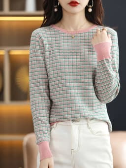 Women's Autumn Winter 100% Cotton Soft Sweater O-Neck Pullover Color Contrast Striped Casual Knitted Bottoming Warm Sweater