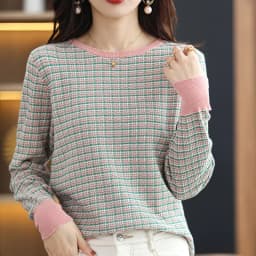 Women's Autumn Winter 100% Cotton Soft Sweater O-Neck Pullover Color Contrast Striped Casual Knitted Bottoming Warm Sweater