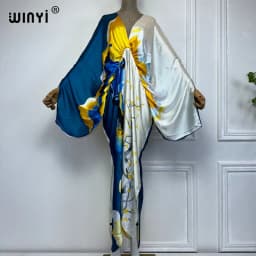 WINYI New Fashion Bohemian Deep V-neck Floral European For Lady Free Size Loose Batwing Holiday Beach Cover Up Party Kaftan Dres